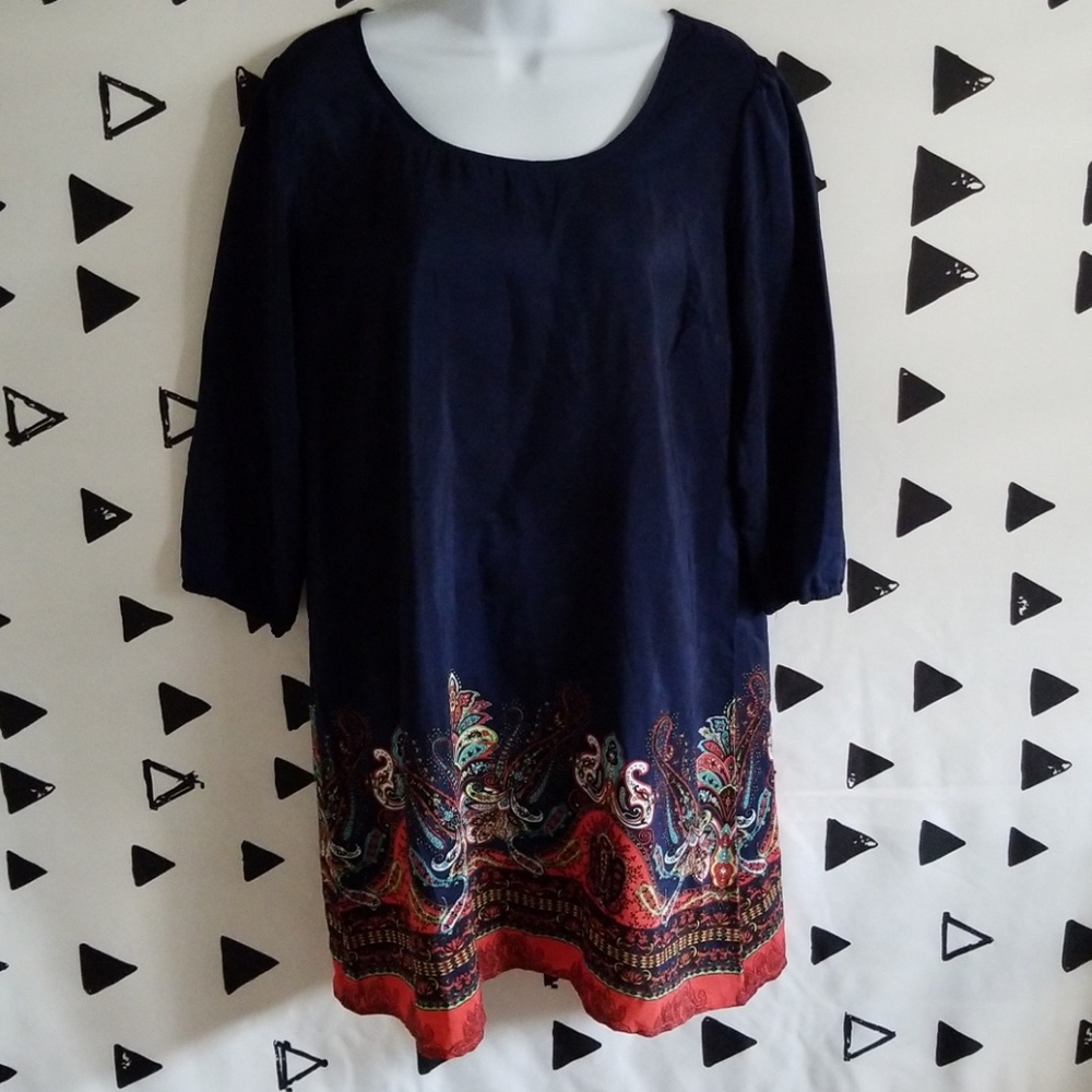 Navy dress with paisley bottom.